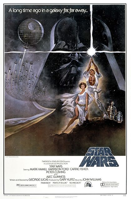 Star Wars theatrical poster from 1977 with Luke holding up a lightsaber with Leia nearby