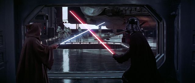 Obi-Wan faces Vader in a lightsaber duel